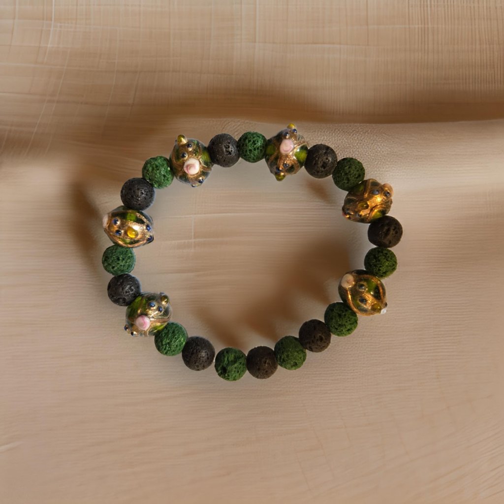 Lava Bracelet W Lampwork Beads~ Black/Green